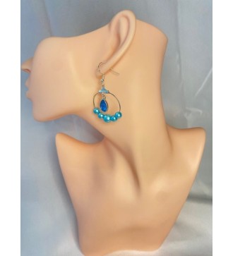 Boucles d'oreilles argent anneaux , perles et pendentif bleu