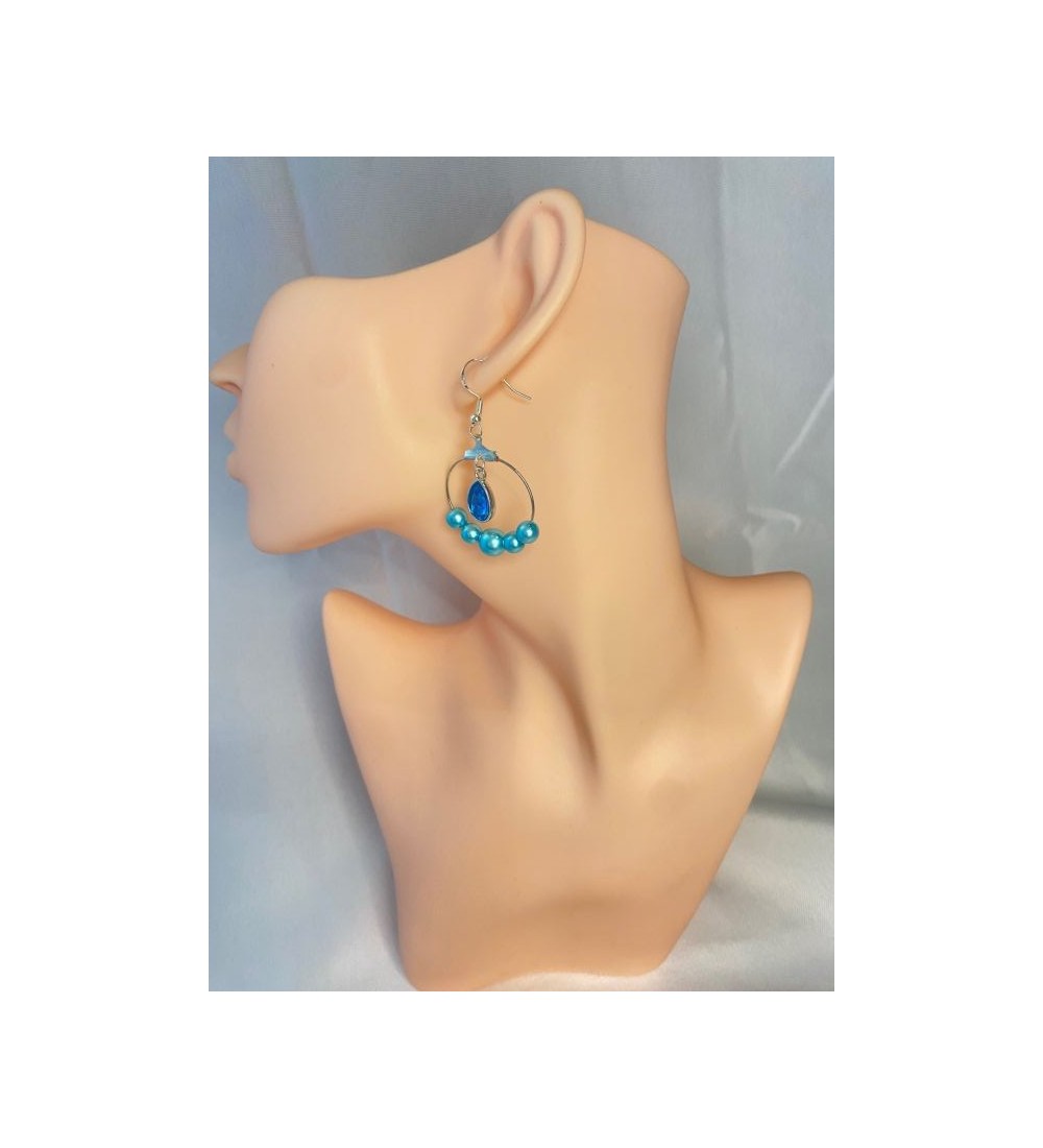 Boucles d'oreilles argent anneaux , perles et pendentif bleu