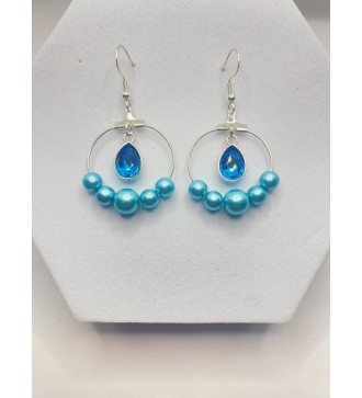Boucles d'oreilles argent anneaux , perles et pendentif bleu