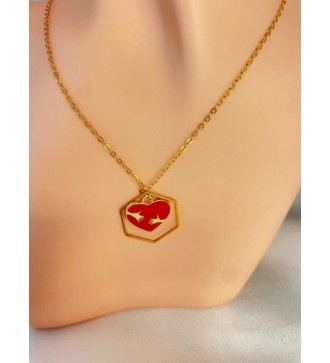 Collier or avec pendentif coeur rouge et mains dorées