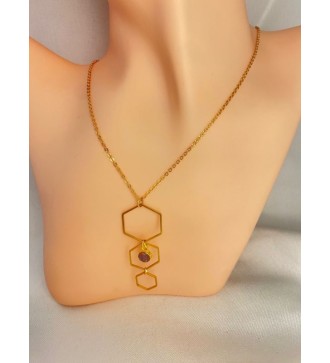 Collier or avec pendentif octogonal et pierre rose