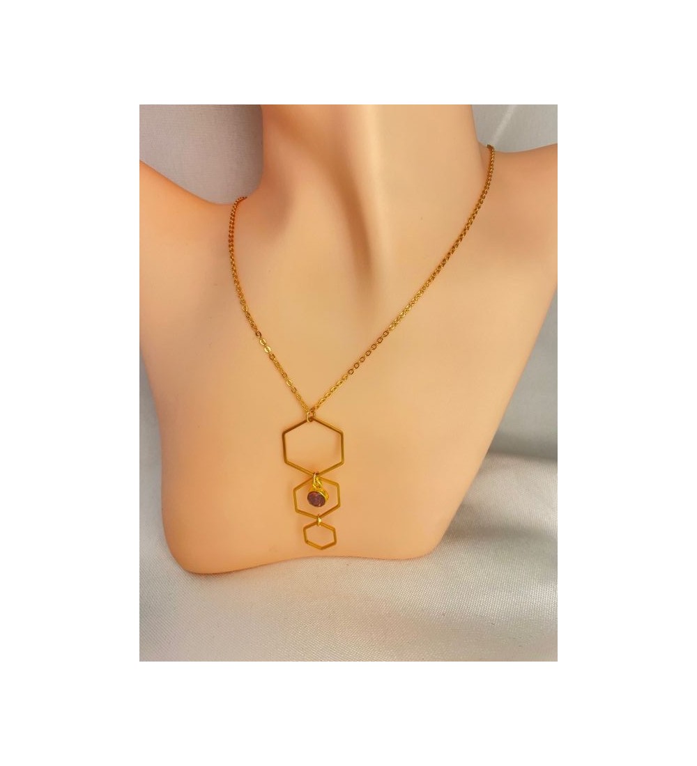 Collier or avec pendentif octogonal et pierre rose