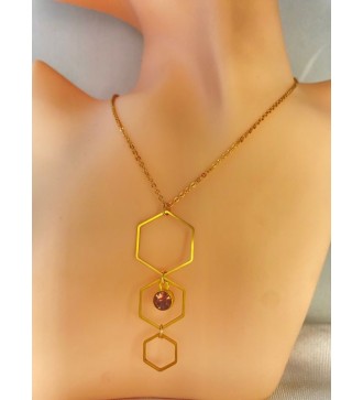 Collier or avec pendentif octogonal et pierre rose