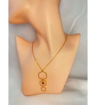 Collier or avec pendentif octogonal et pierre rose