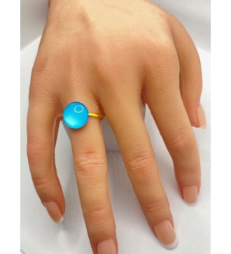 Bague ajustable  en acier inoxydable doré avec verre bleu azur