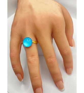 Bague ajustable en acier inoxydable doré avec verre bleu azur