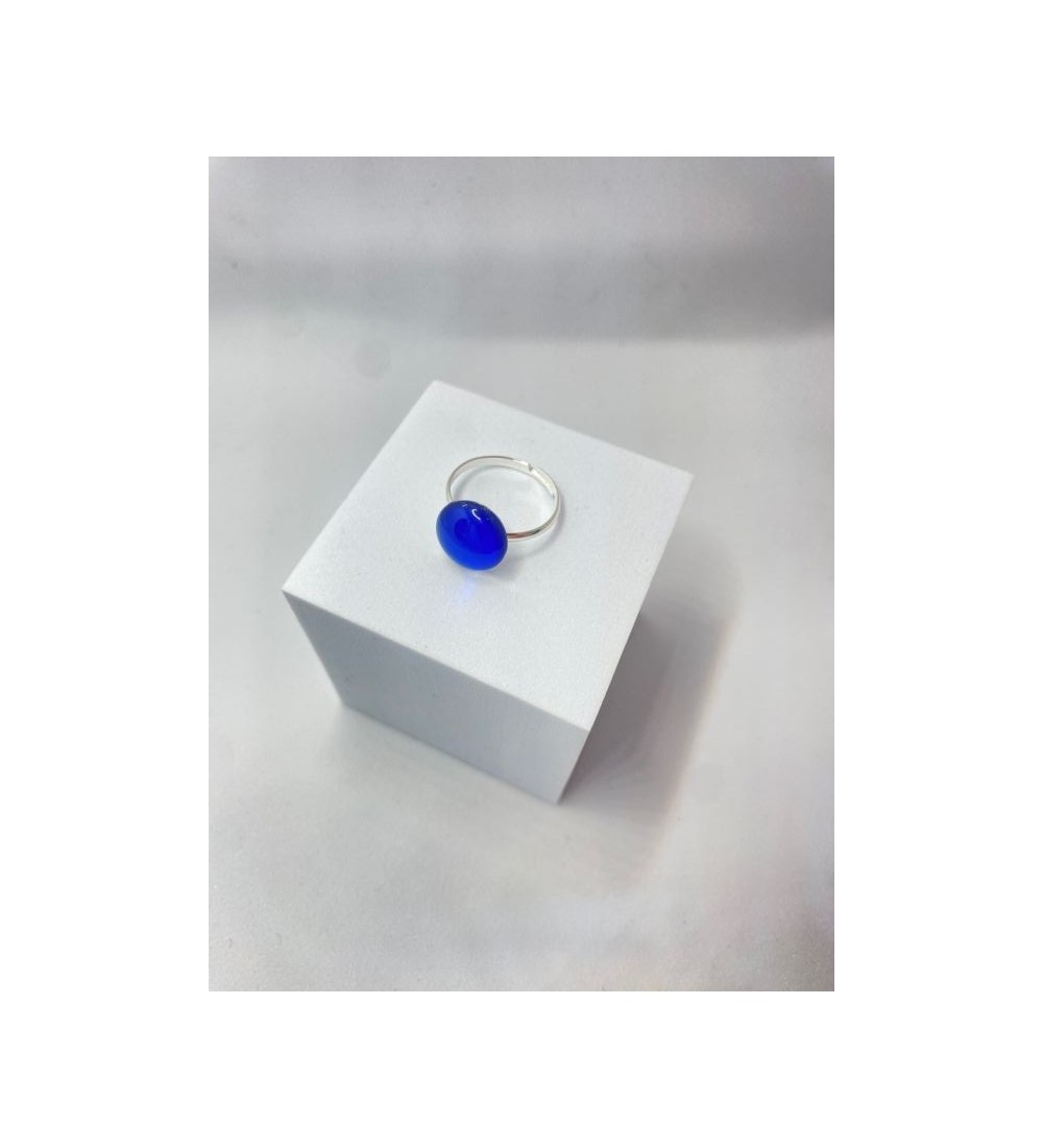 bague ajustable en acier inoxydable argenté et verre océan bleu