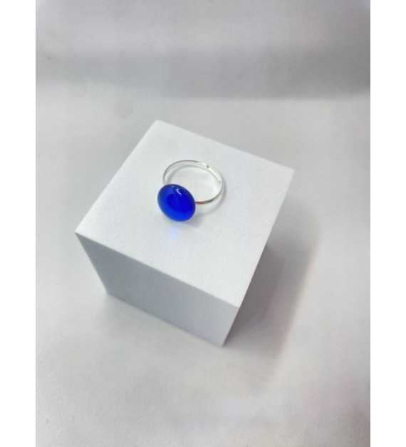 bague ajustable en acier inoxydable argenté et verre océan bleu