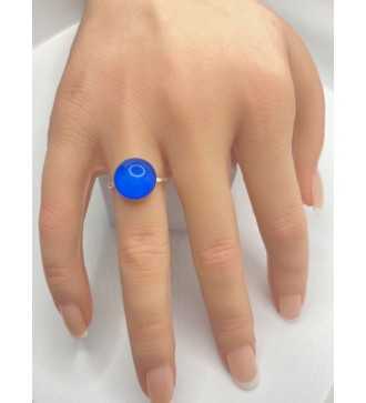 bague ajustable en acier inoxydable argenté et verre océan bleu