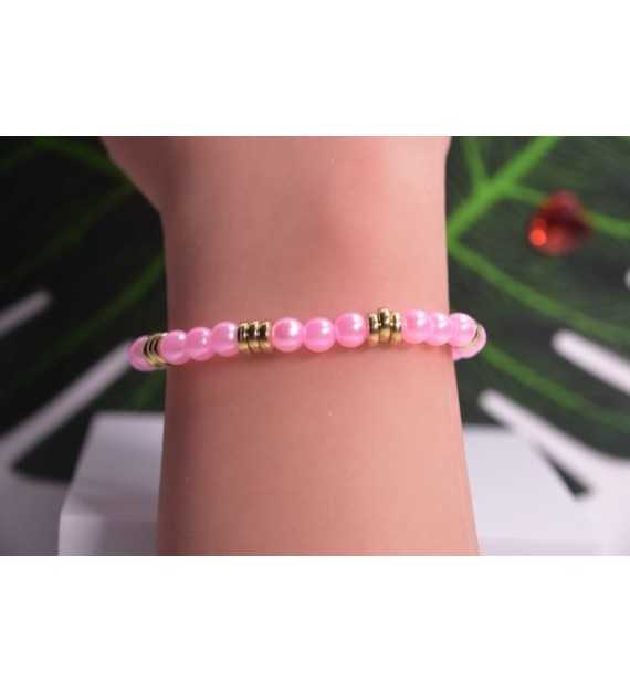 Bracelet Pastel et Or en perles roses et anneaux dorés