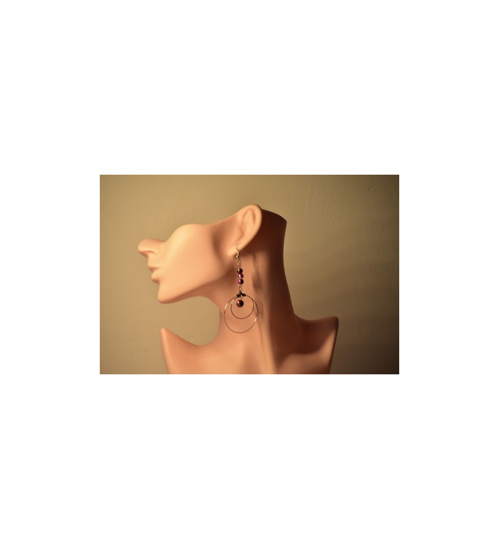 Boucles d'oreilles créoles argent , perles rose violet élégante