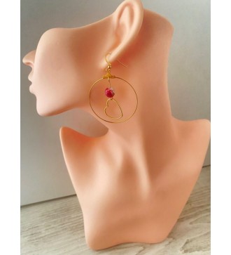 Boucles d'oreilles créoles or avec perles rouges et coeur