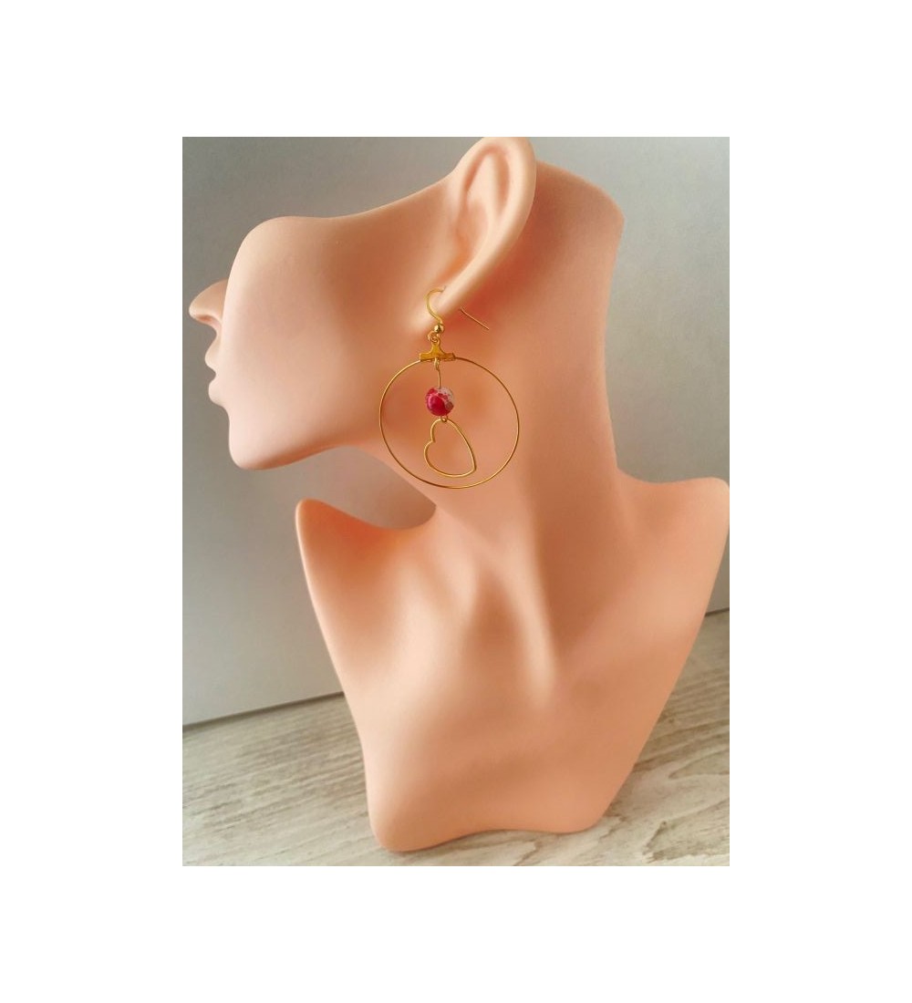 Boucles d'oreilles créoles or avec perles rouges et coeur