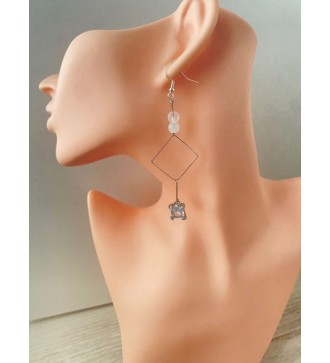 Boucles d'oreilles pendantes losange en acier argent et perles