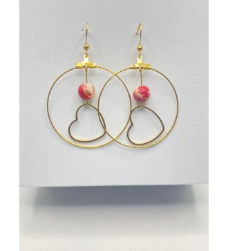 Boucles d'oreilles créoles or avec perles rouges et coeur