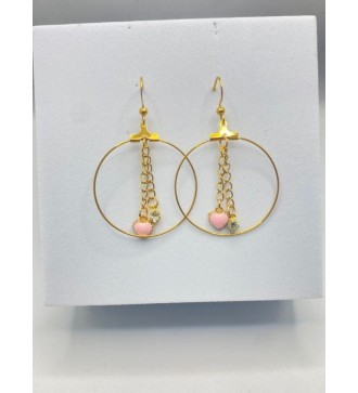Boucles d'oreilles créoles or avec cœur rose et strass