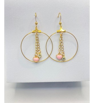 Boucles d'oreilles créoles or avec cœur rose et strass