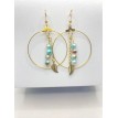 Chant Bleu – Créoles en acier inoxydable plaqué or 24K avec perle bleue et pendentif feuille 