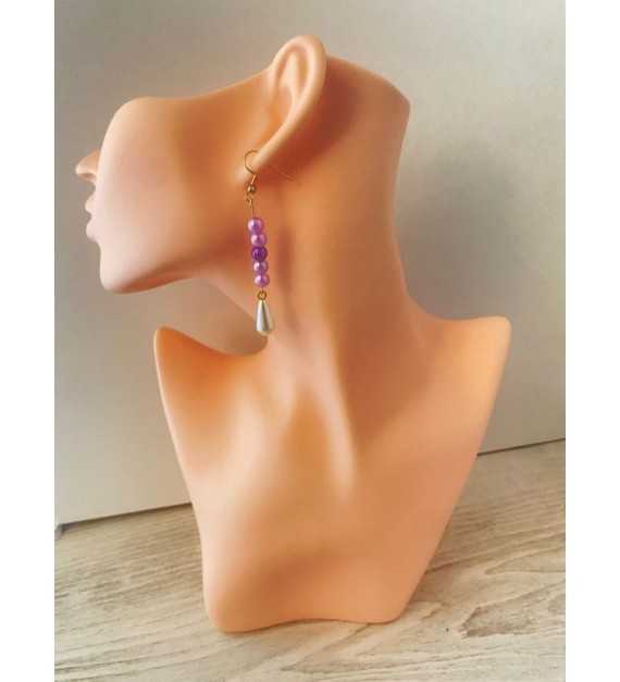 Duo violette Boucles d'oreilles pendantes dorées avec perles