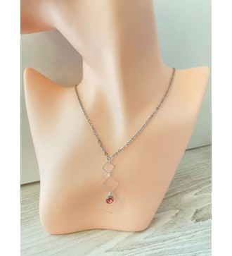 Collier argenté trio de carrés avec pierre rose - Elégance