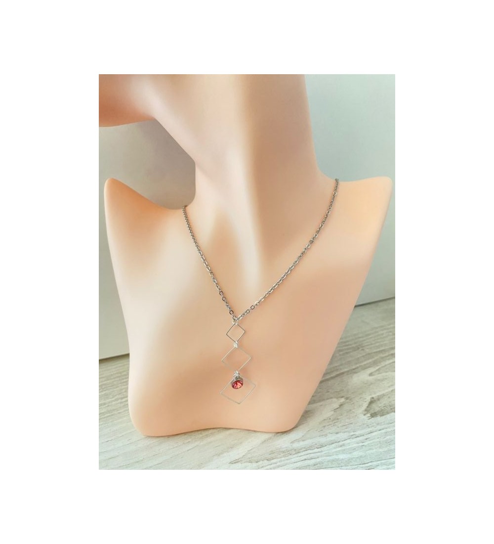 Collier argenté trio de carrés avec pierre rose - Elégance