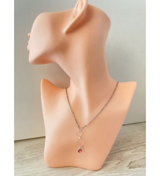 Collier argenté trio de carrés avec pierre rose - Elégance