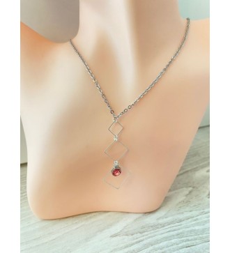 Collier argenté trio de carrés avec pierre rose - Elégance