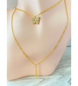 Collier double chaîne or avec pendentif papillon strass