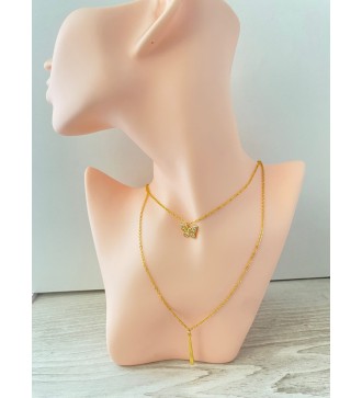 Collier double chaîne or avec pendentif papillon strass