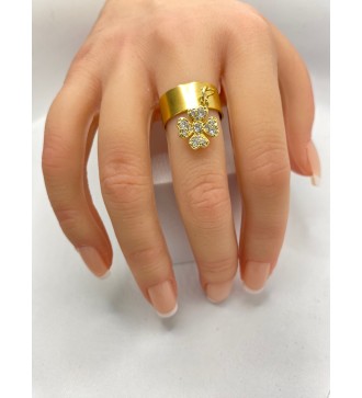 Bague ajustable en acier inoxydable or avec pendentif trèfle