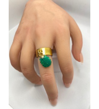 Bague ajustable or avec pendentif coquillage vert pailleté