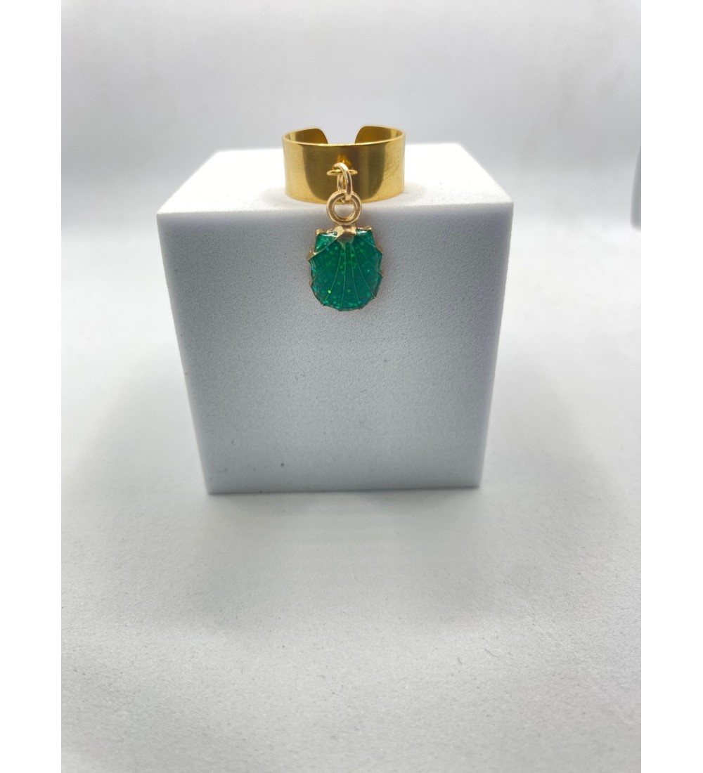 Bague ajustable or avec pendentif coquillage vert pailleté