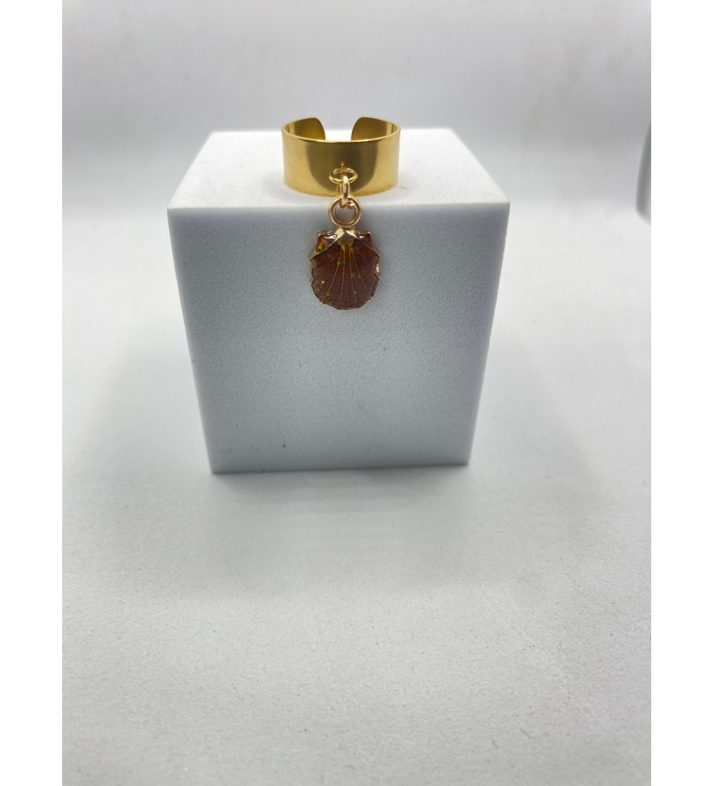 Bague ajustable or avec pendentif coquillage doré pailleté