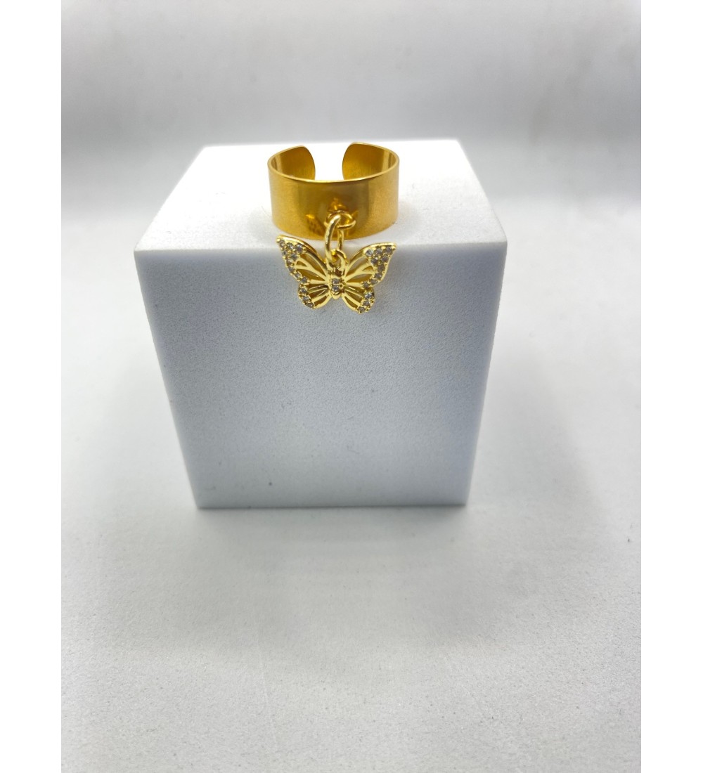 Bague ajustable or avec pendentif papillon doré à strass