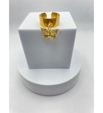 Bague ajustable or avec pendentif papillon doré à strass