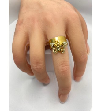 Bague ajustable or avec pendentif papillon doré à strass