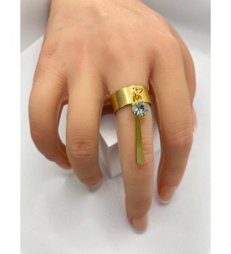 Bague ajustable or avec pendentif tige dorée et pierre