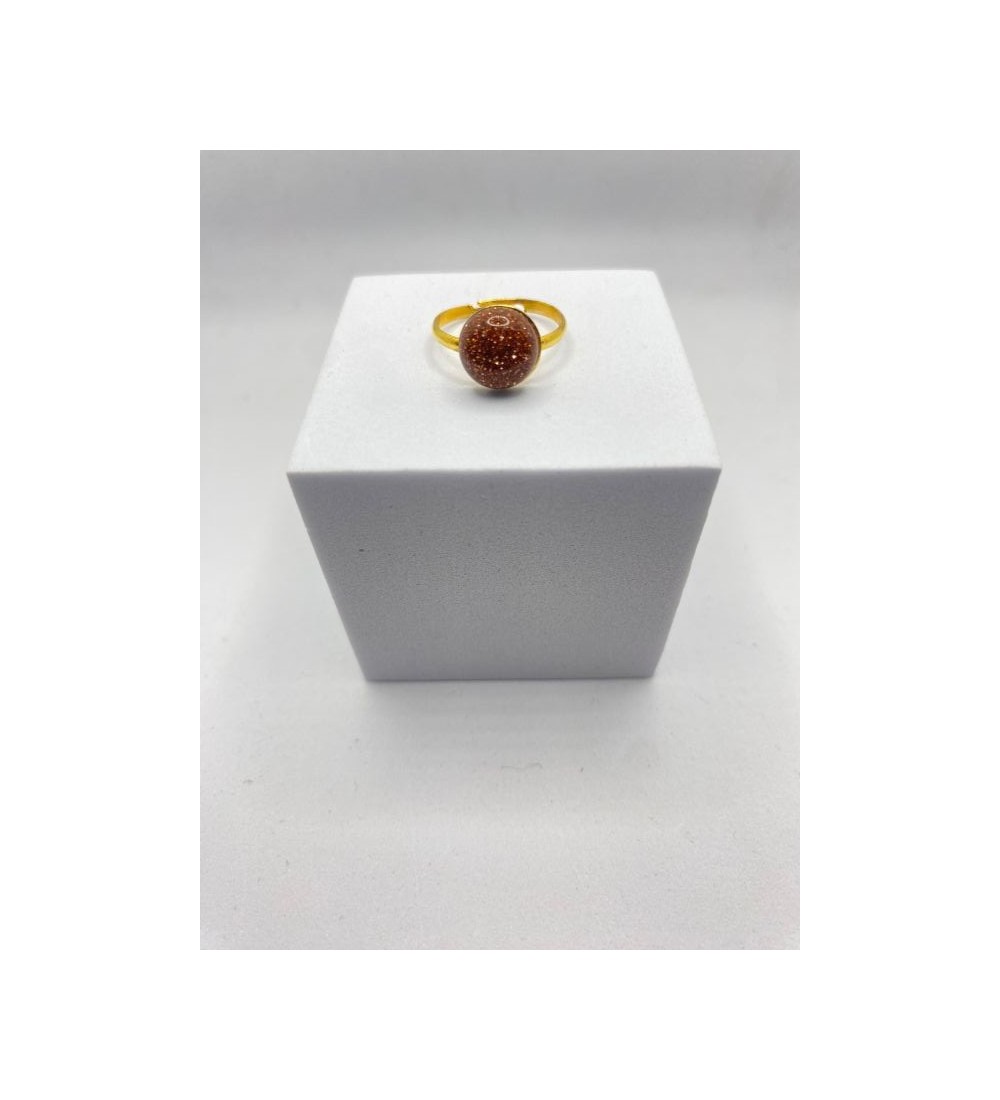 Bague ajustable or avec pendentif quartz marron pailleté
