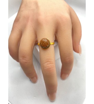 Bague ajustable or avec pendentif quartz marron pailleté