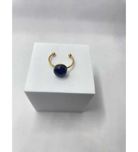 Bague ajustable or avec pendentif quartz bleu pailleté