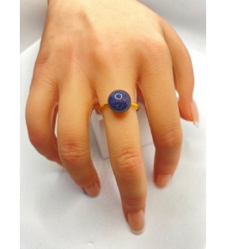 Bague ajustable or avec pendentif quartz bleu pailleté