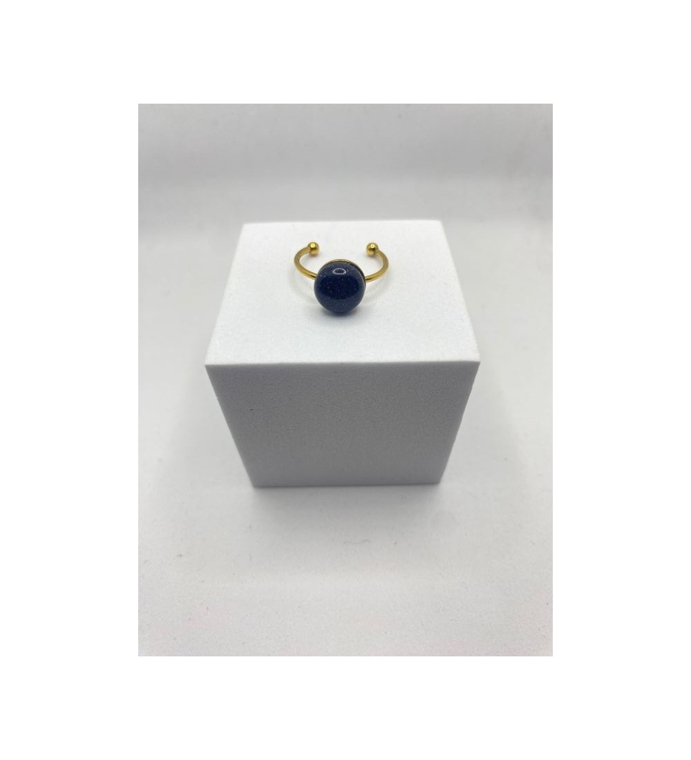 Bague ajustable or avec pendentif quartz noir pailleté