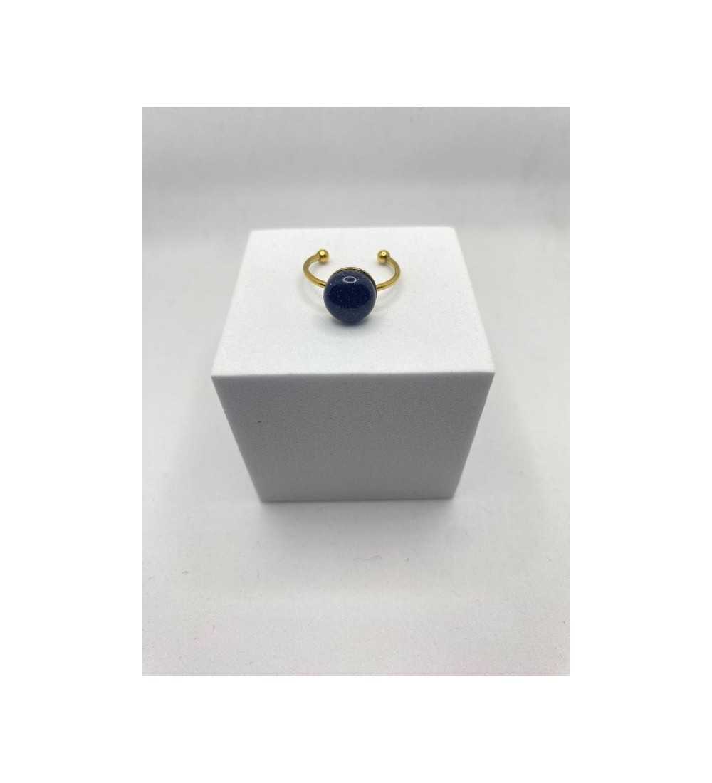 Bague ajustable or avec pendentif quartz noir pailleté