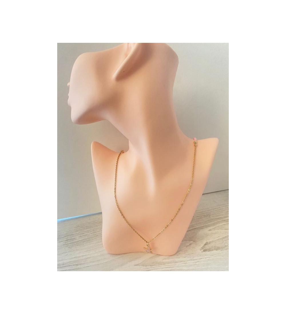 Collier or avec perles roses et étoile de mer pailletée