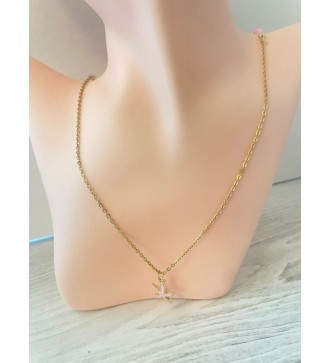 Collier or avec perles roses et étoile de mer pailletée