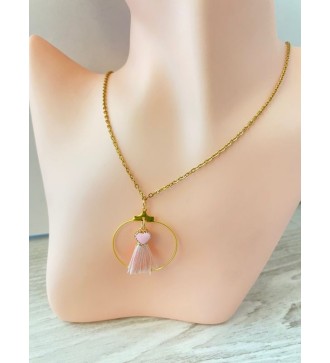 Collier or avec Anneau volant rose et coeur éclatant