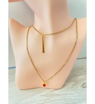 Collier double chaîne or avec pendentif et pierre rouge