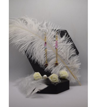 Boucles pendantes or : perles multicolores et pierre rose dorée
