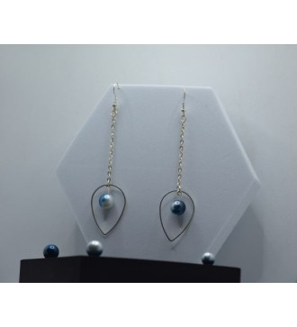 Boucles argent : pendentif goutte et perle bleue multicolore