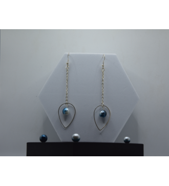 Boucles argent : pendentif goutte et perle bleue multicolore